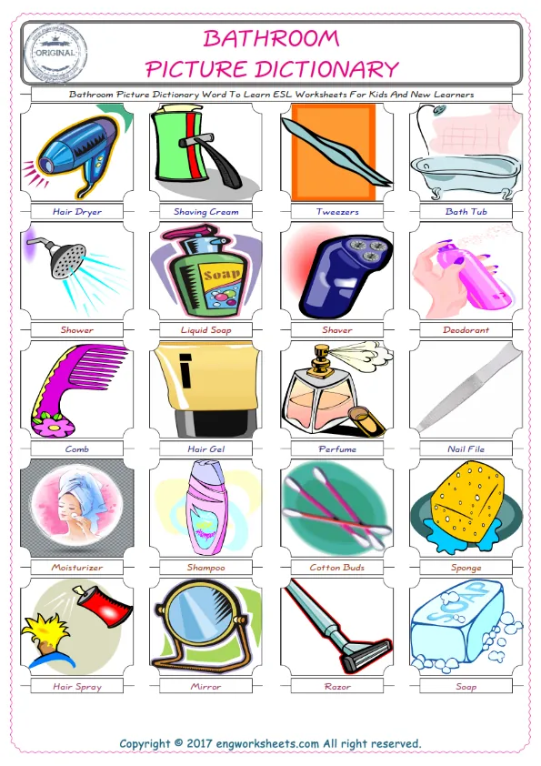 Bathroom English Worksheet for Kids ESL Printable Picture Dictionary