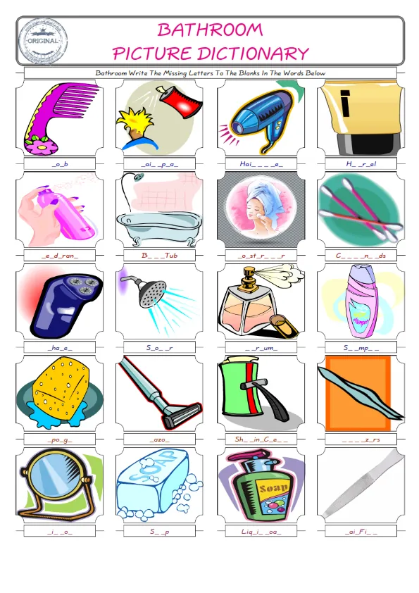 Bathroom Words English worksheets For kids, the ESL Worksheet for finding and typing the missing letters of Bathroom Words
