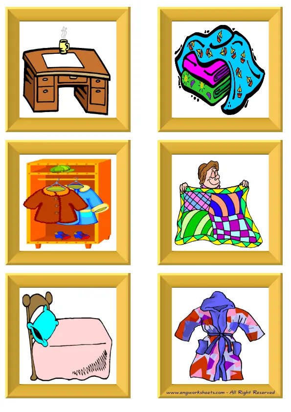 ESL Flashcard without words containing Bedroom picture for kids and teachers.