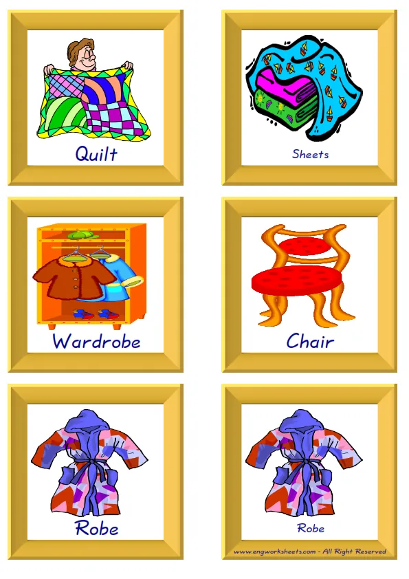 ESL Flashcard together with words containing Bedroom picture for kids and teachers.
