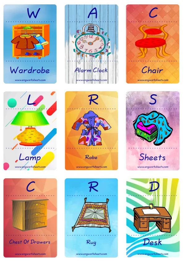 Mini size enjoyable ESL Flashcard Bedroom for kids and teachers.