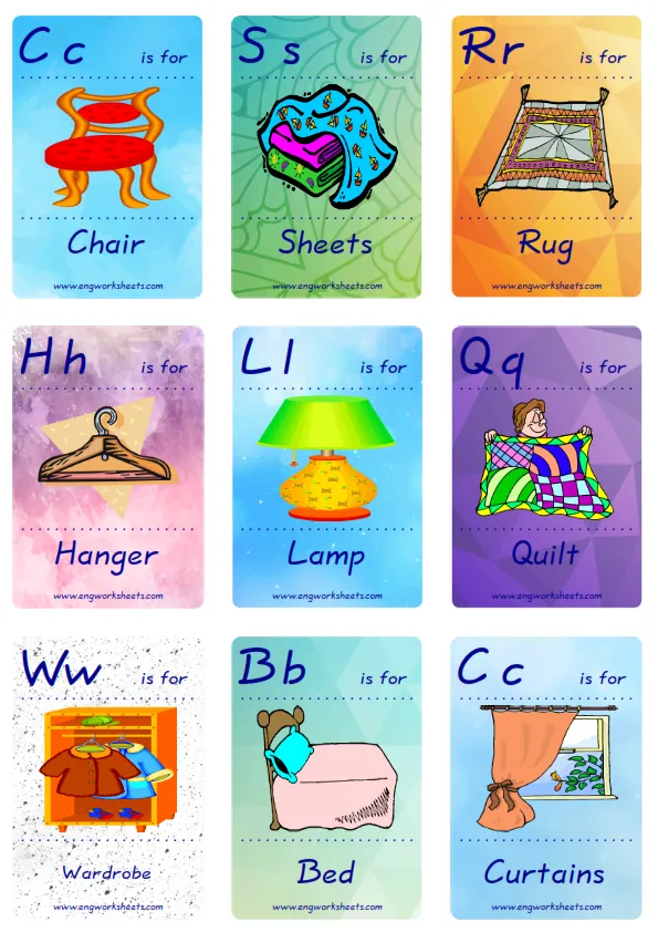 Mini size ESL Flashcard Bedroom for kids and teachers.