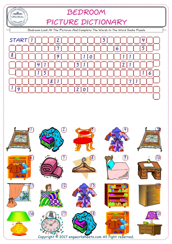 Check the Illustrations of Bedroom english worksheets for kids, and Supply the Missing Words in the Word Snake Puzzle ESL play.