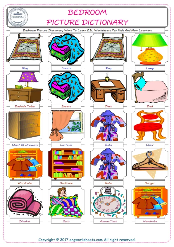 Bedroom English Worksheet for Kids ESL Printable Picture Dictionary