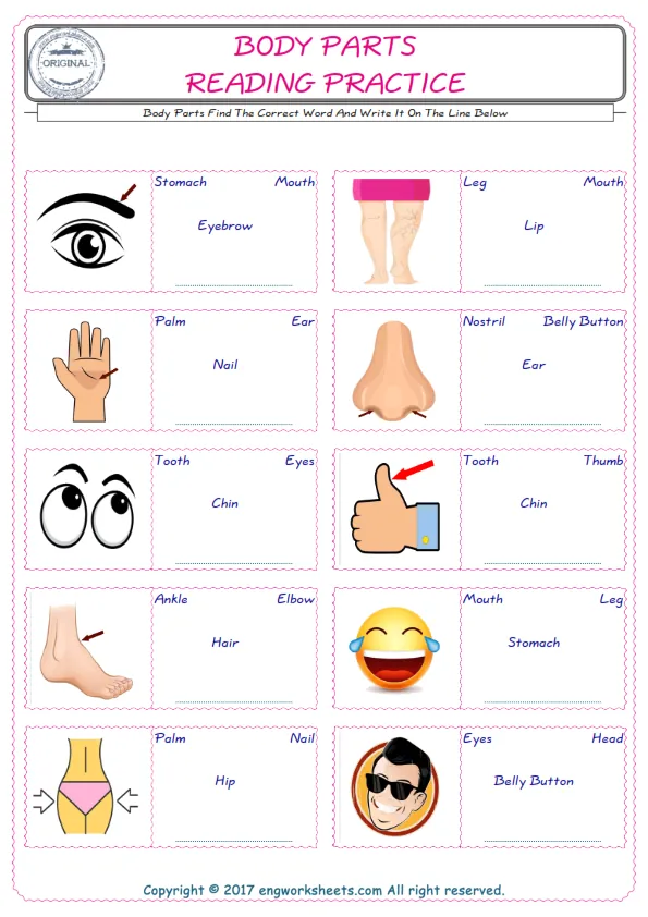 Check the picture of the Body Parts for kids ESL worksheet for supplying the correct one among four words into the blank place.