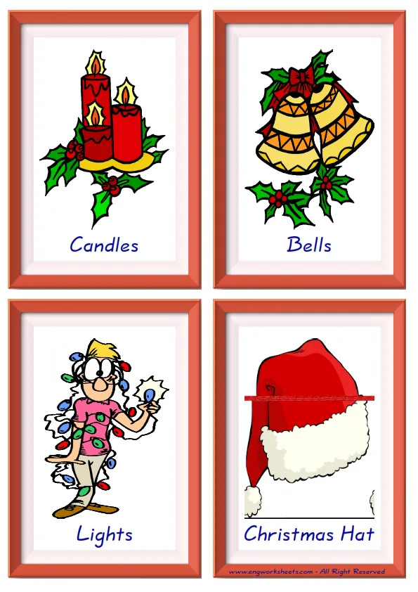 Quarter page ESL Flashcard together with words containing Christmas picture for kids and teachers.