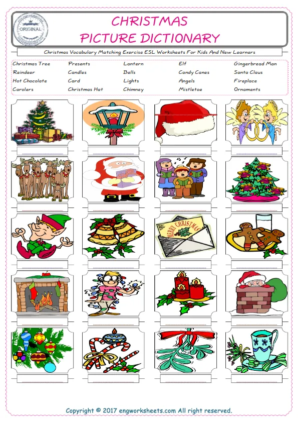 Christmas for Kids ESL Word Matching English Exercise Worksheet.
