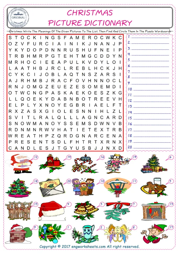 For kids, check the picture of Christmas find, and write the word and find it in the word puzzle ESL printable worksheet.