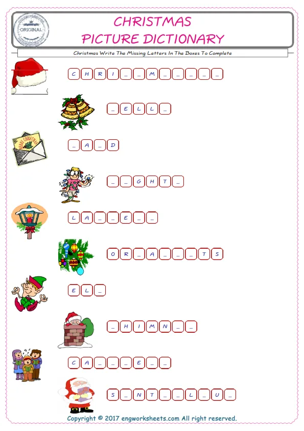 Type in the blank and learn the missing letters in the Christmas words given for kids English worksheet.