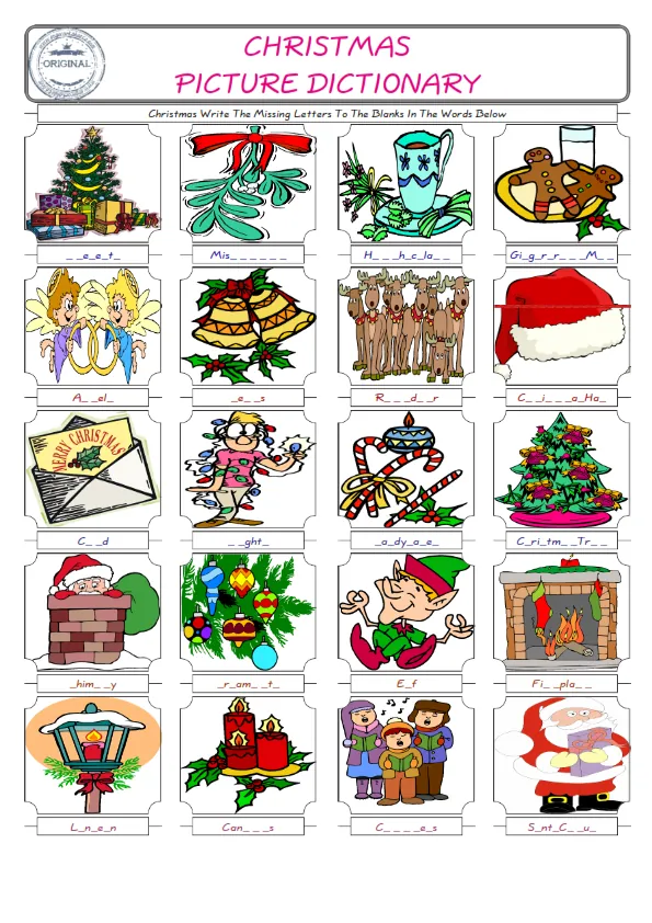 Christmas Words English worksheets For kids, the ESL Worksheet for finding and typing the missing letters of Christmas Words