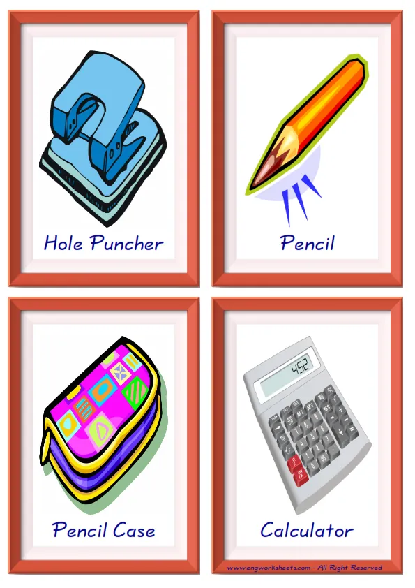 Quarter page ESL Flashcard together with words containing Classroom Object picture for kids and teachers.