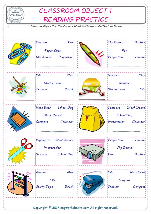 Check the picture of the Classroom Object for kids ESL worksheet for supplying the correct one among five words into the blank place.