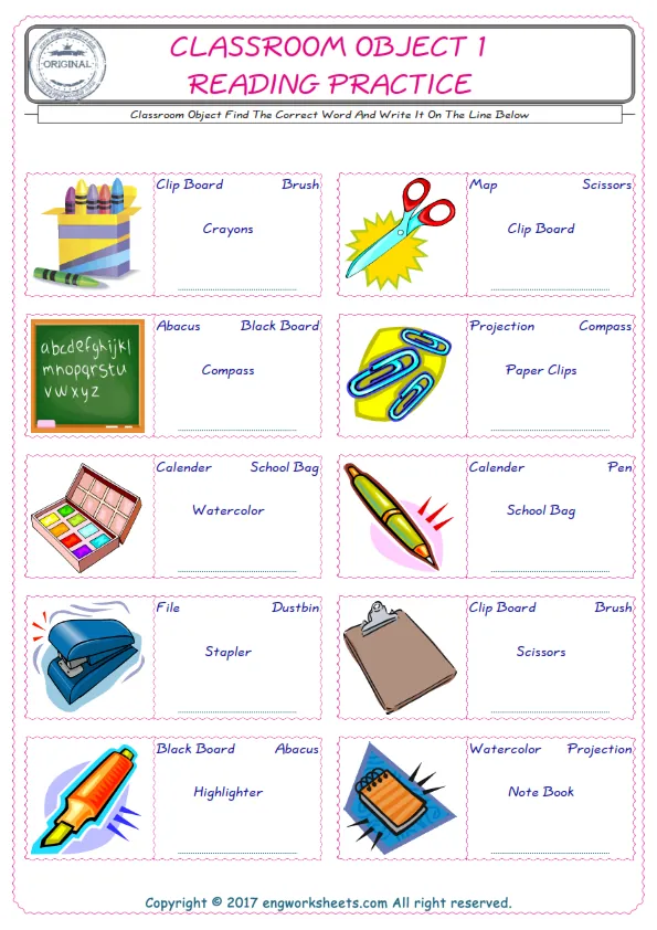 Check the picture of the Classroom Object for kids ESL worksheet for supplying the correct one among four words into the blank place.