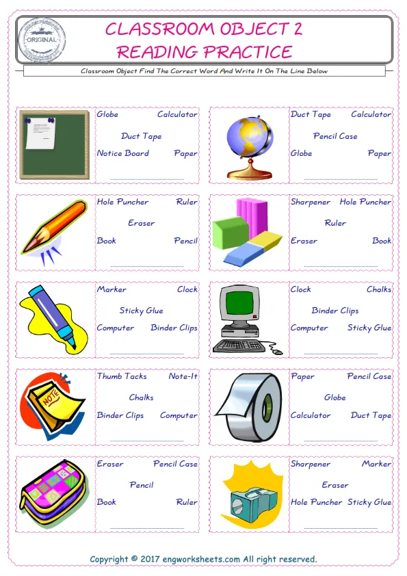 Check the picture of the Classroom Object for kids ESL worksheet for supplying the correct one among five words into the blank place.