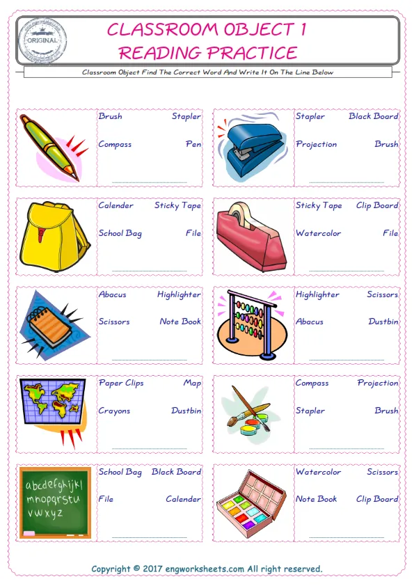 Check the picture of the Classroom Object for kids ESL worksheet for supplying the correct one among three words into the blank place.