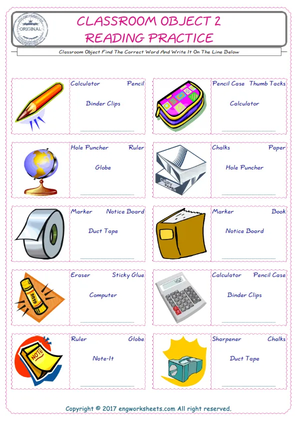 Check the picture of the Classroom Object for kids ESL worksheet for supplying the correct one among four words into the blank place.