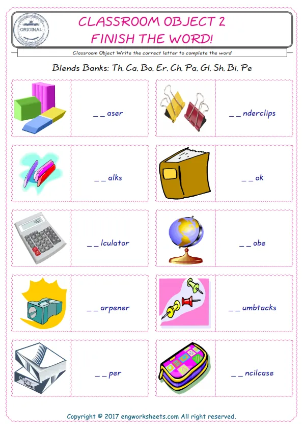For kids, the Classroom Object English worksheet for supplying into the correct blank place given letters special to the Classroom Object Words.