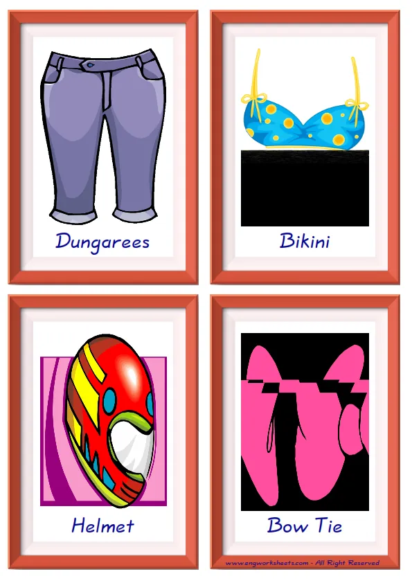 Quarter page ESL Flashcard together with words containing Clothes picture for kids and teachers.