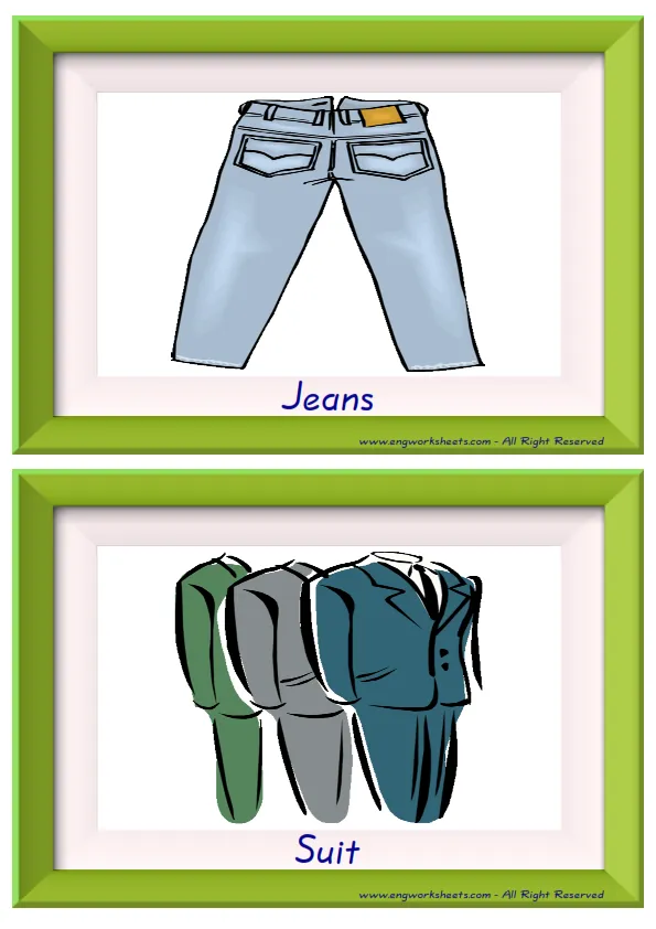 Half page ESL Flashcard together with words containing Clothes picture for kids and teachers.