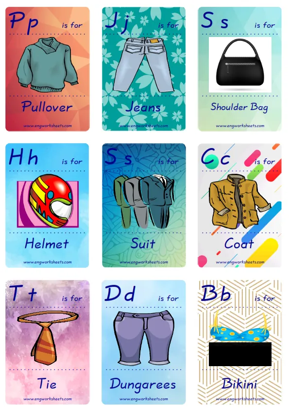 Mini size ESL Flashcard Clothes for kids and teachers.