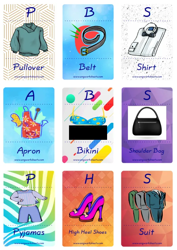 Mini size enjoyable ESL Flashcard Clothes for kids and teachers.