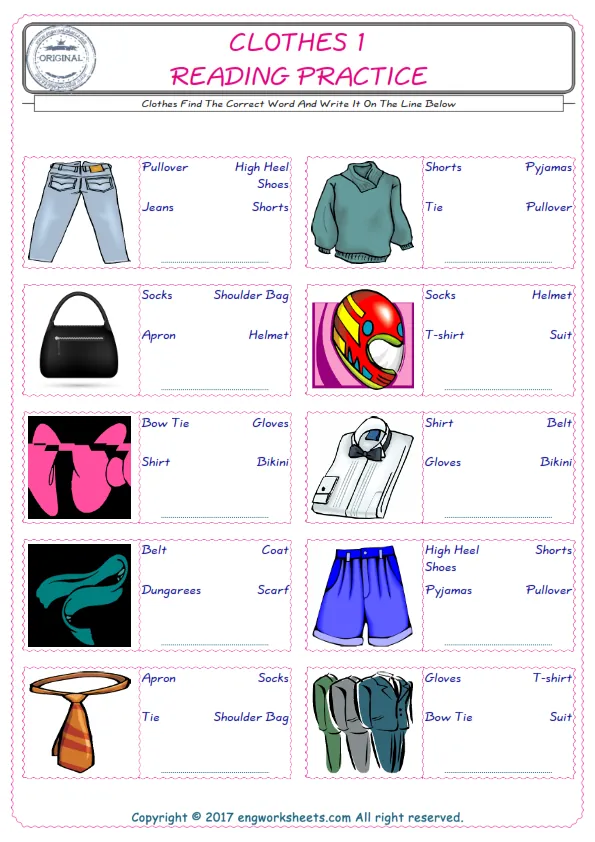 Check the picture of the Clothes for kids ESL worksheet for supplying the correct one among three words into the blank place.