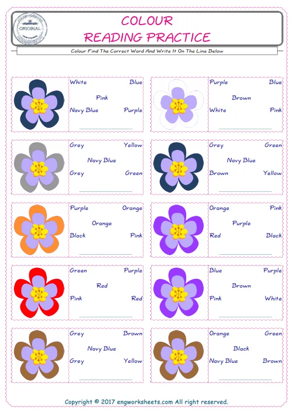 Check the picture of the Colour for kids ESL worksheet for supplying the correct one among five words into the blank place.