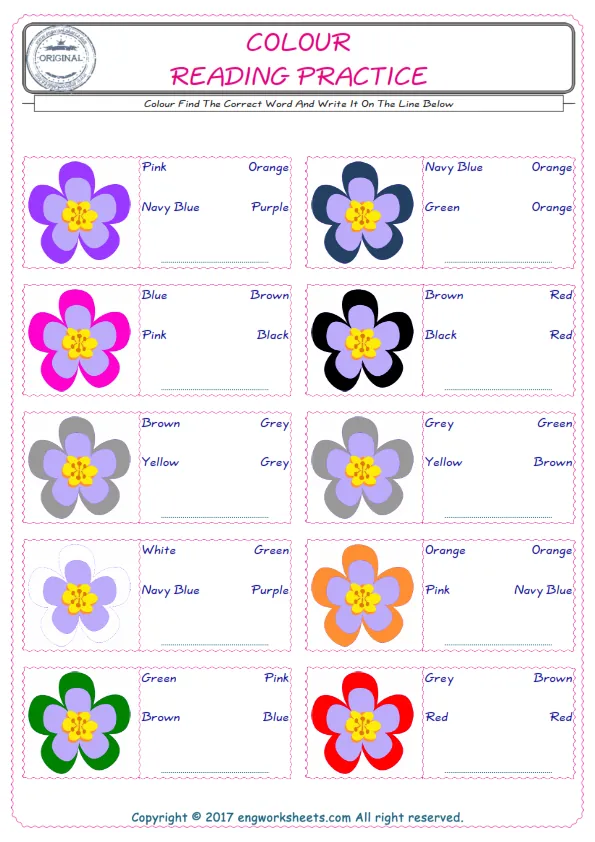 Check the picture of the Colour for kids ESL worksheet for supplying the correct one among three words into the blank place.