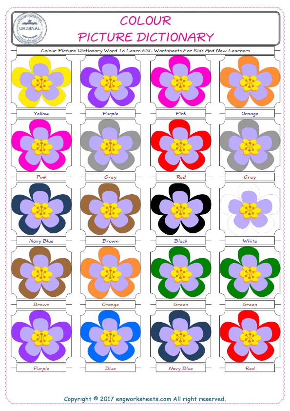 Colour English Worksheet for Kids ESL Printable Picture Dictionary