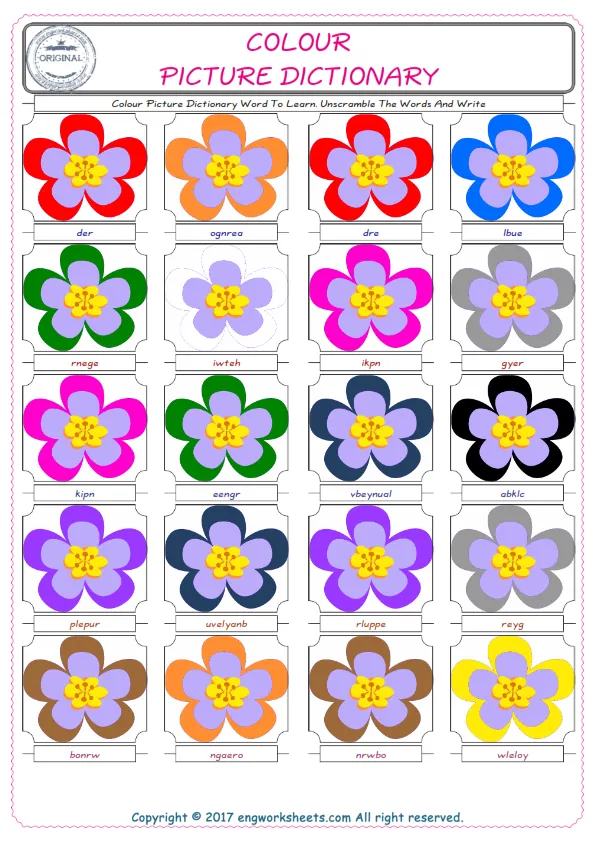 Colour ESL Worksheets For kids, the exercise worksheet of finding the words given complexly and supplying the correct one.