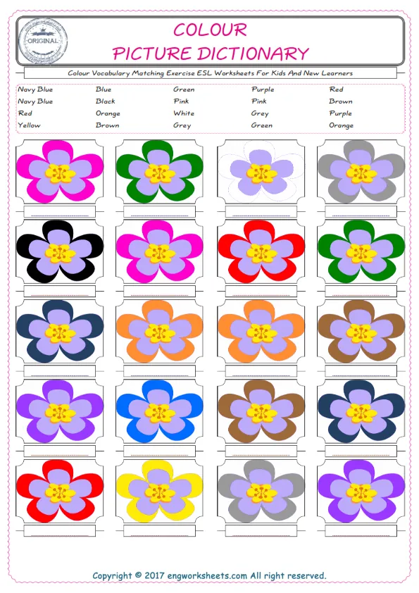 Colour for Kids ESL Word Matching English Exercise Worksheet.