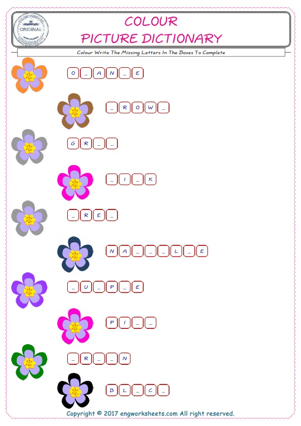 Type in the blank and learn the missing letters in the Colour words given for kids English worksheet.