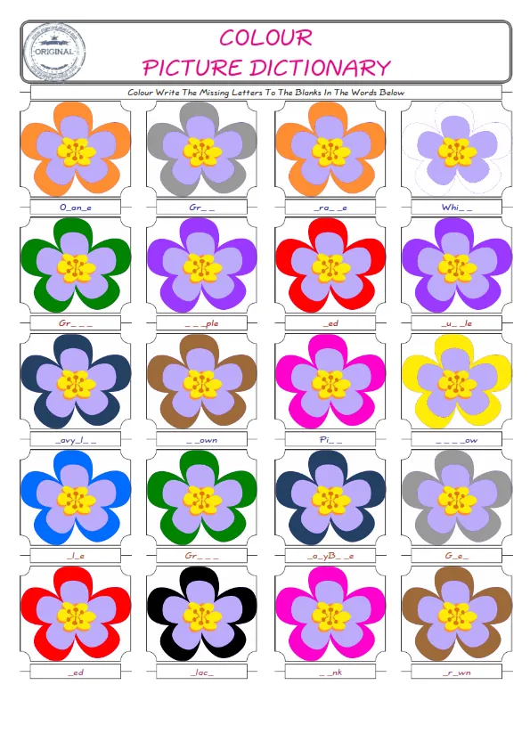 Colour Words English worksheets For kids, the ESL Worksheet for finding and typing the missing letters of Colour Words