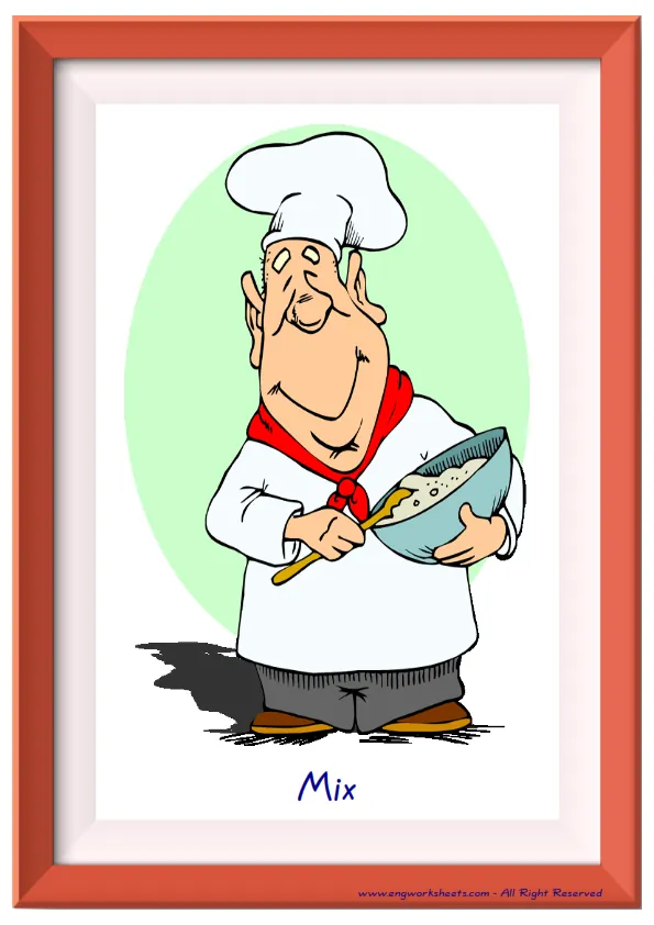 Full page ESL Flashcard together with words containing Cooking Verbs picture for kids and teachers.