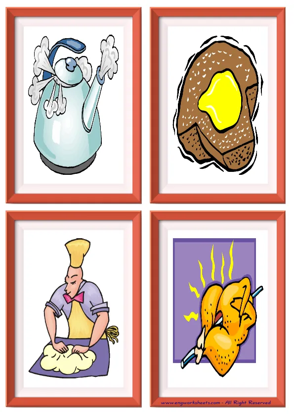 Quarter page ESL Flashcard without words containing Cooking Verbs picture for kids and teachers.