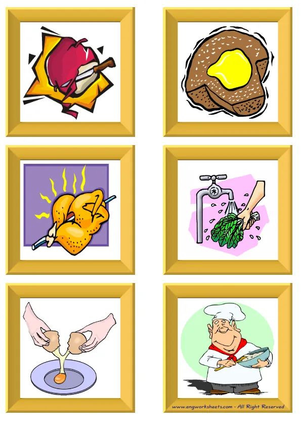 ESL Flashcard without words containing Cooking Verbs picture for kids and teachers.