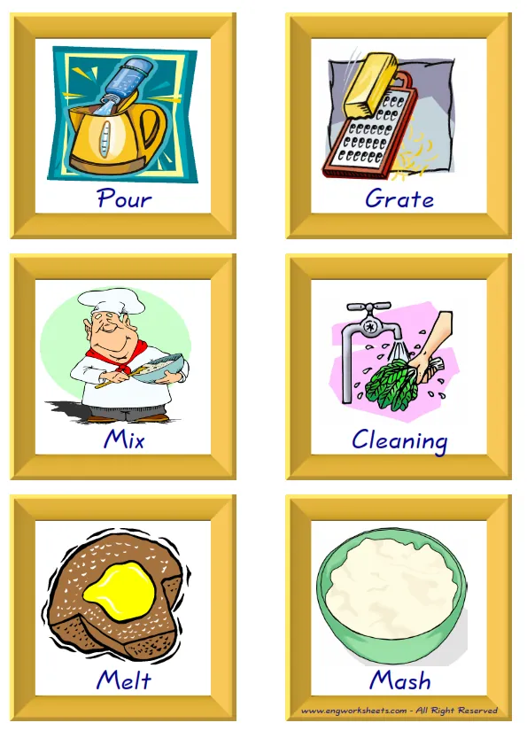 ESL Flashcard together with words containing Cooking Verbs picture for kids and teachers.