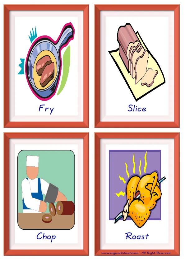 Quarter page ESL Flashcard together with words containing Cooking Verbs picture for kids and teachers.