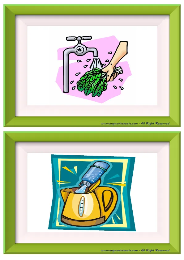 Half page ESL Flashcard without words containing Cooking Verbs picture for kids and teachers.