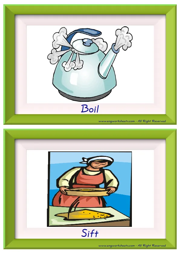 Half page ESL Flashcard together with words containing Cooking Verbs picture for kids and teachers.