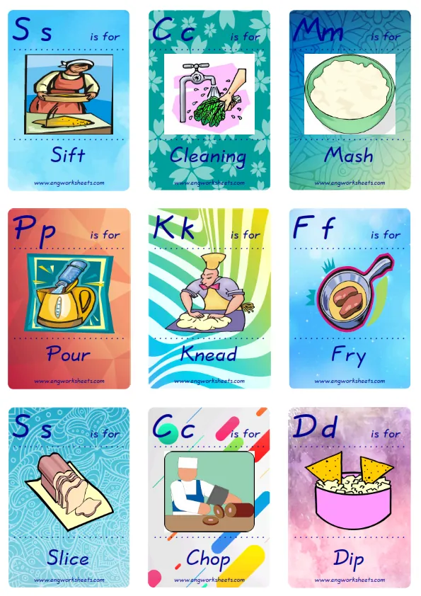 Mini size ESL Flashcard Cooking Verbs for kids and teachers.