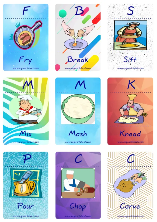 Mini size enjoyable ESL Flashcard Cooking Verbs for kids and teachers.