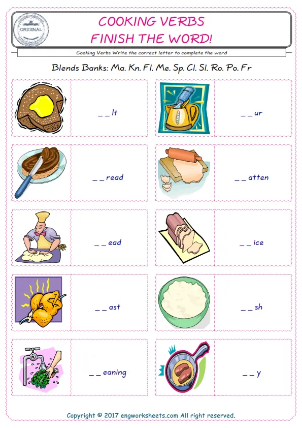 For kids, the Cooking Verbs English worksheet for supplying into the correct blank place given letters special to the Cooking Verbs Words.