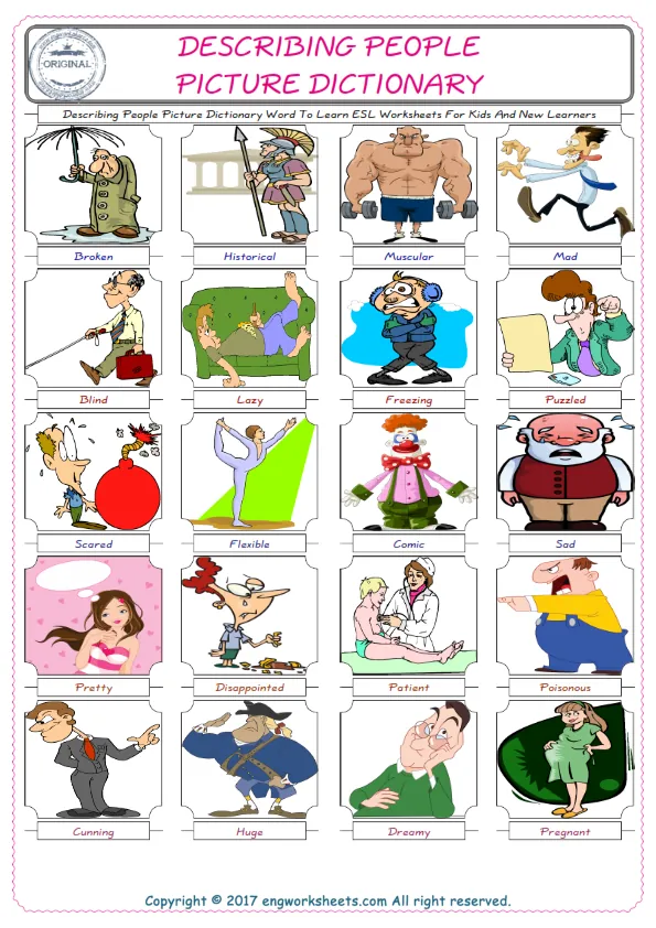 Describing People English Worksheet for Kids ESL Printable Picture Dictionary