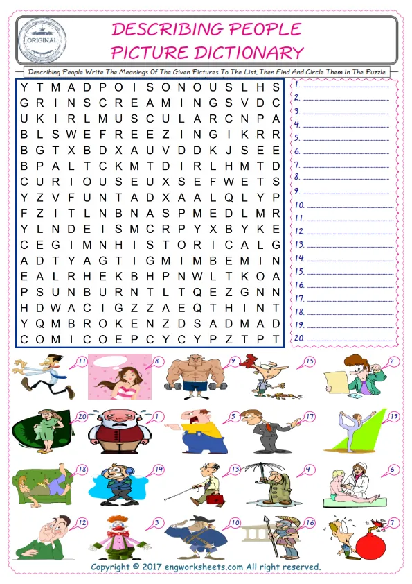 For kids, check the picture of Describing People find, and write the word and find it in the word puzzle ESL printable worksheet.