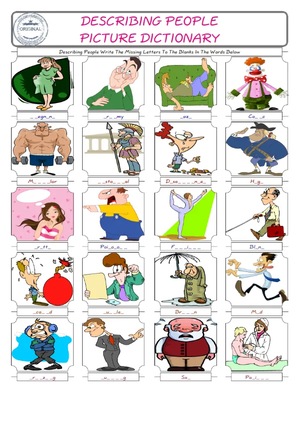 Describing People Words English worksheets For kids, the ESL Worksheet for finding and typing the missing letters of Describing People Words