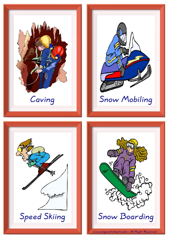 Quarter page ESL Flashcard together with words containing Extreme Sports Land picture for kids and teachers.