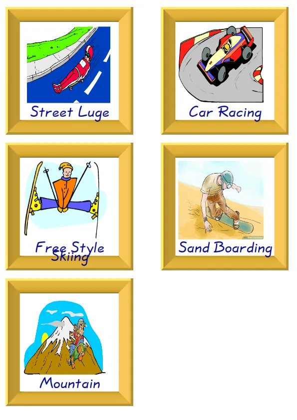 ESL Flashcard together with words containing Extreme Sports Land picture for kids and teachers.