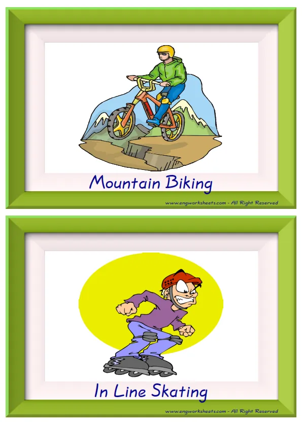 Half page ESL Flashcard together with words containing Extreme Sports Land picture for kids and teachers.