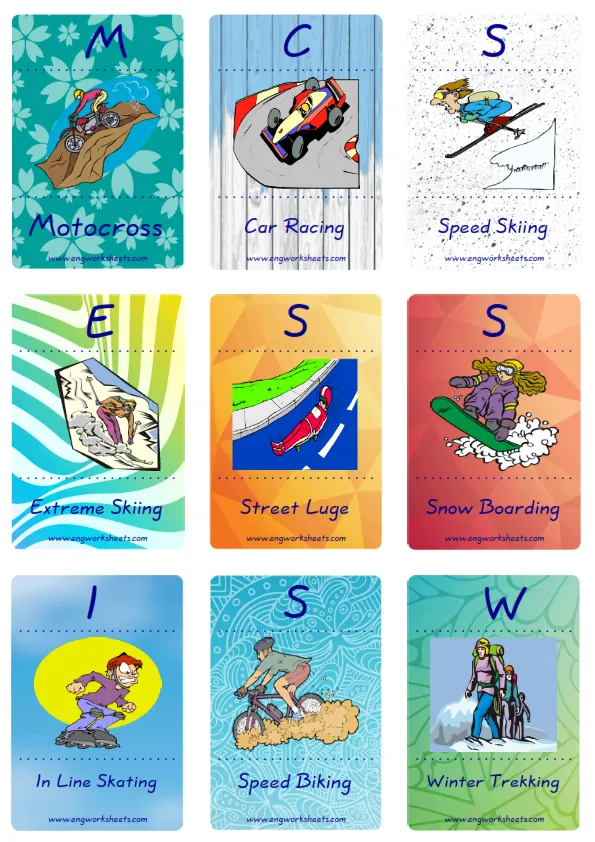 Mini size enjoyable ESL Flashcard Extreme Sports Land for kids and teachers.